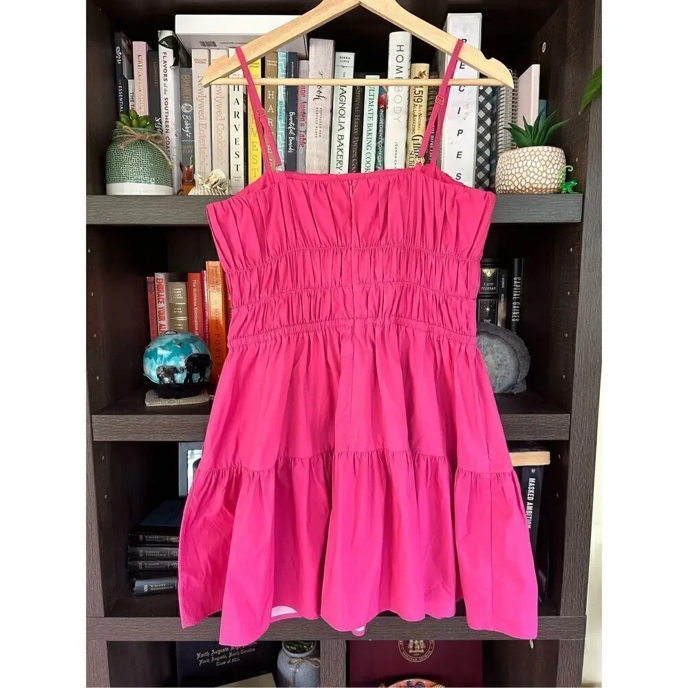 NWT LDT SAMPLE Pink Tiered Ruched Tie Front Keyhole Mini Dress Size 4